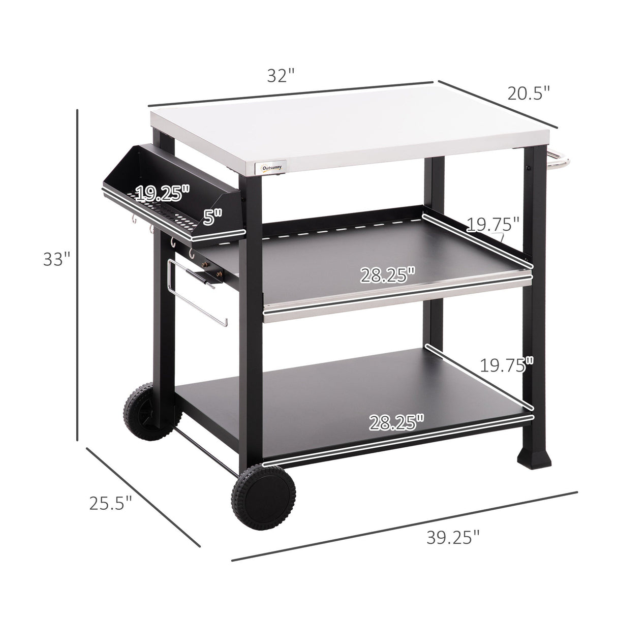 Outsunny Three-Shelf Outdoor Grill Cart with Stainless Steel Tabletop