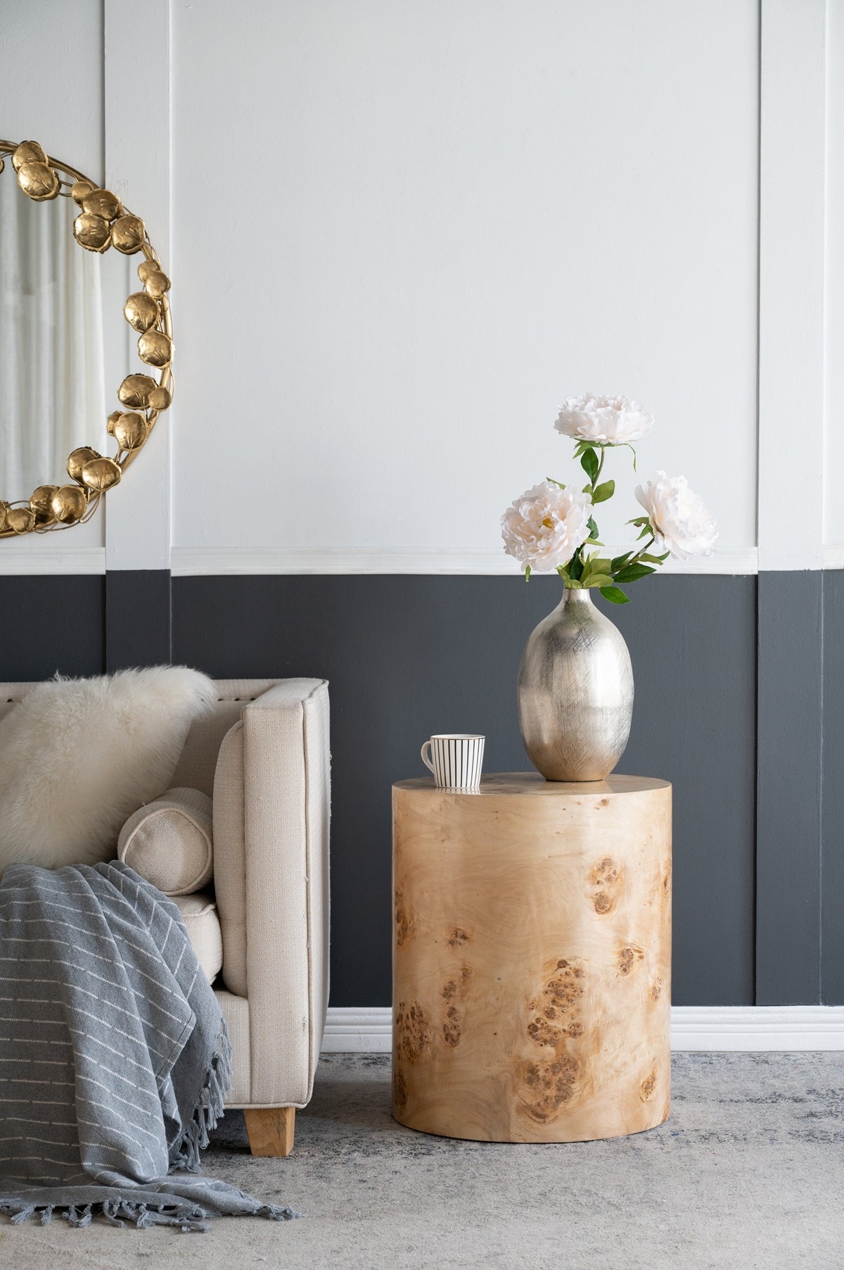 20x20x24 Burl Wood Brown Cylinder Side Table