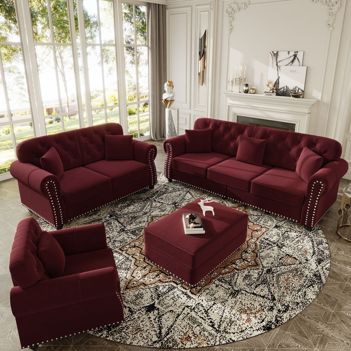 Upholstered Sofa Set With Nailhead Trim and Rolled Armrests, Includes Pillows