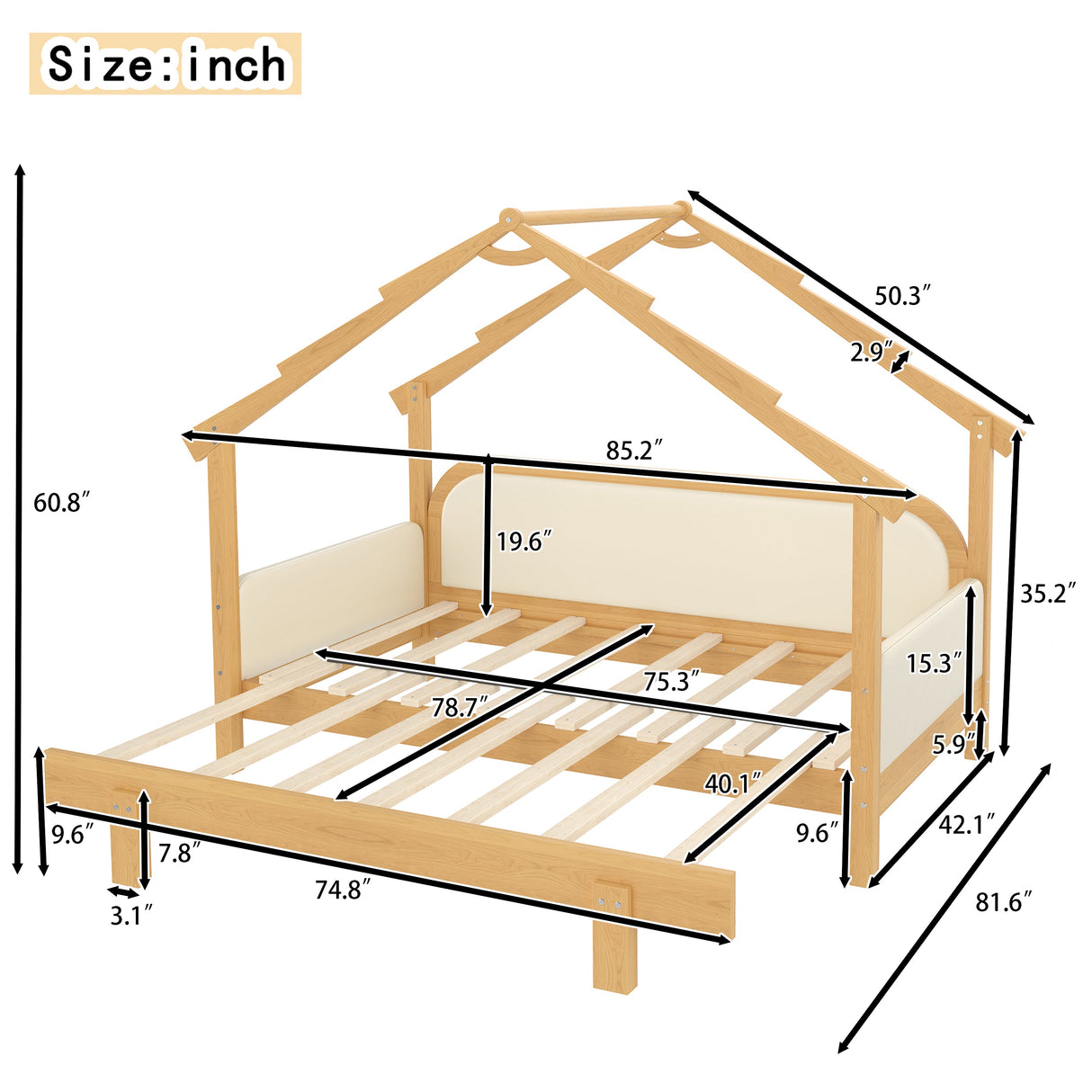 Twin Size Wood Treehouse Bed with Soft Cushion Rails