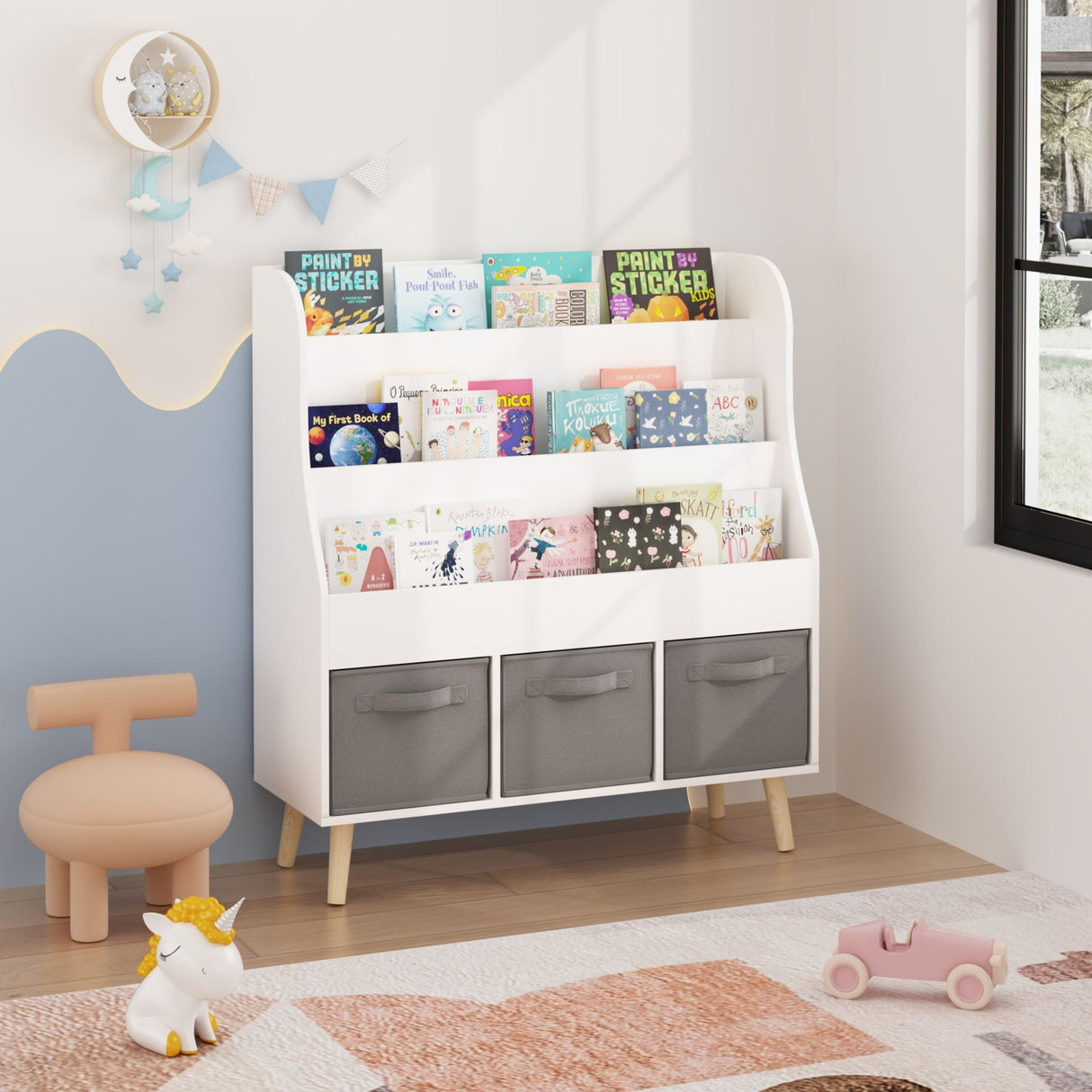 Bookshelf With 3 Storage Bins, Book Display Organizer, Front Facing Book Rack - White