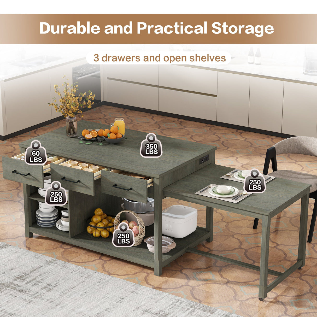 TREXM Extendable Kitchen Island with Storage