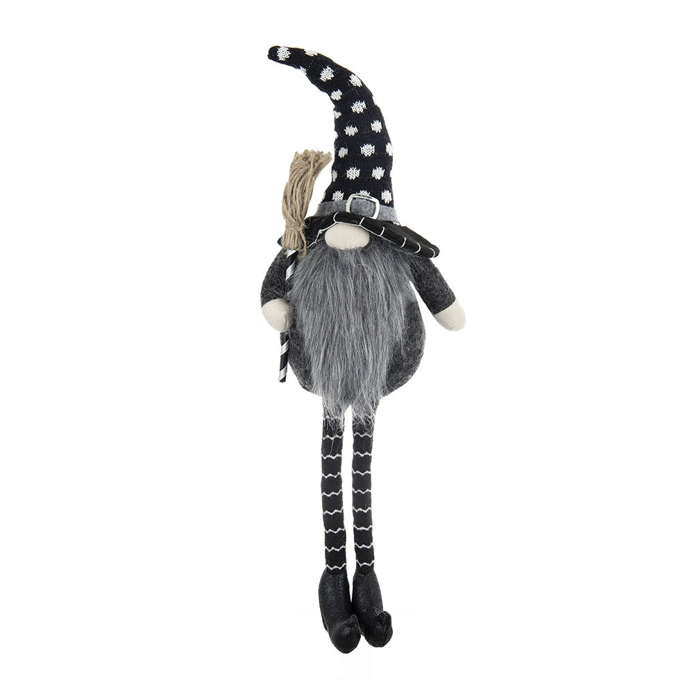 Black Halloween Gnome – 25'' Fabric Decor with Broomstick & Dangly Legs