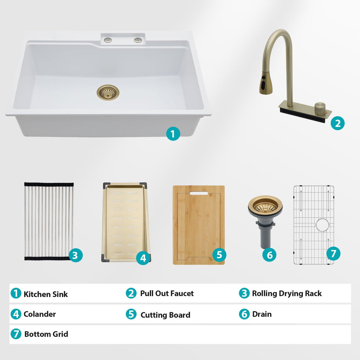 Waterfall Kitchen Sink With Pull Out Faucet & Cup Washer