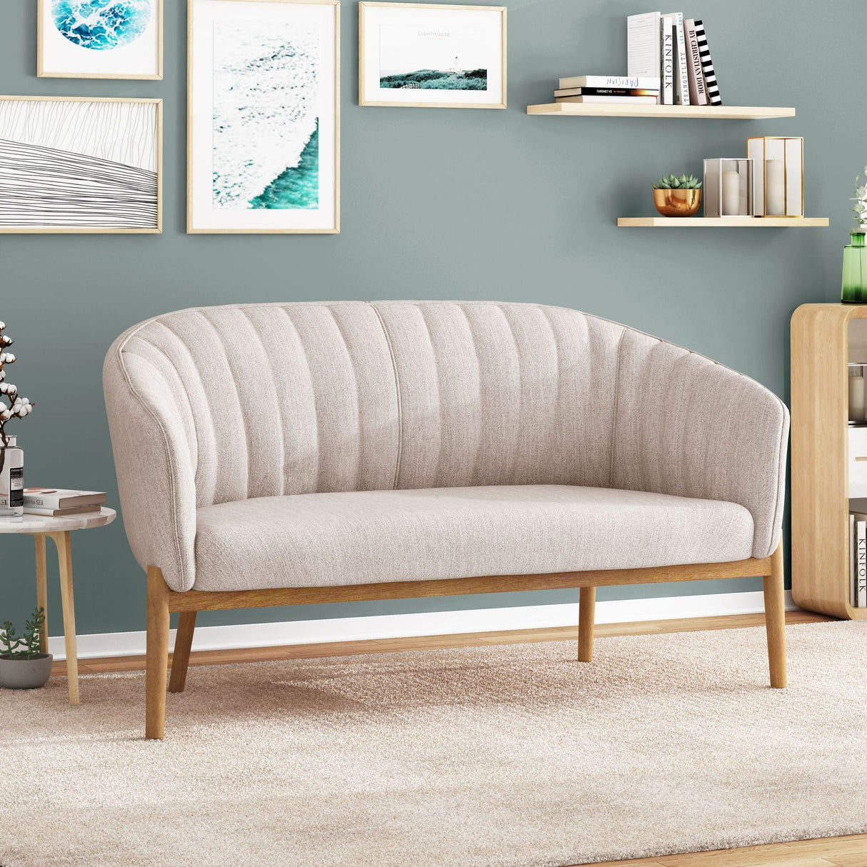 Mid Century Modern Loveseat with Channel Stitched Backrest