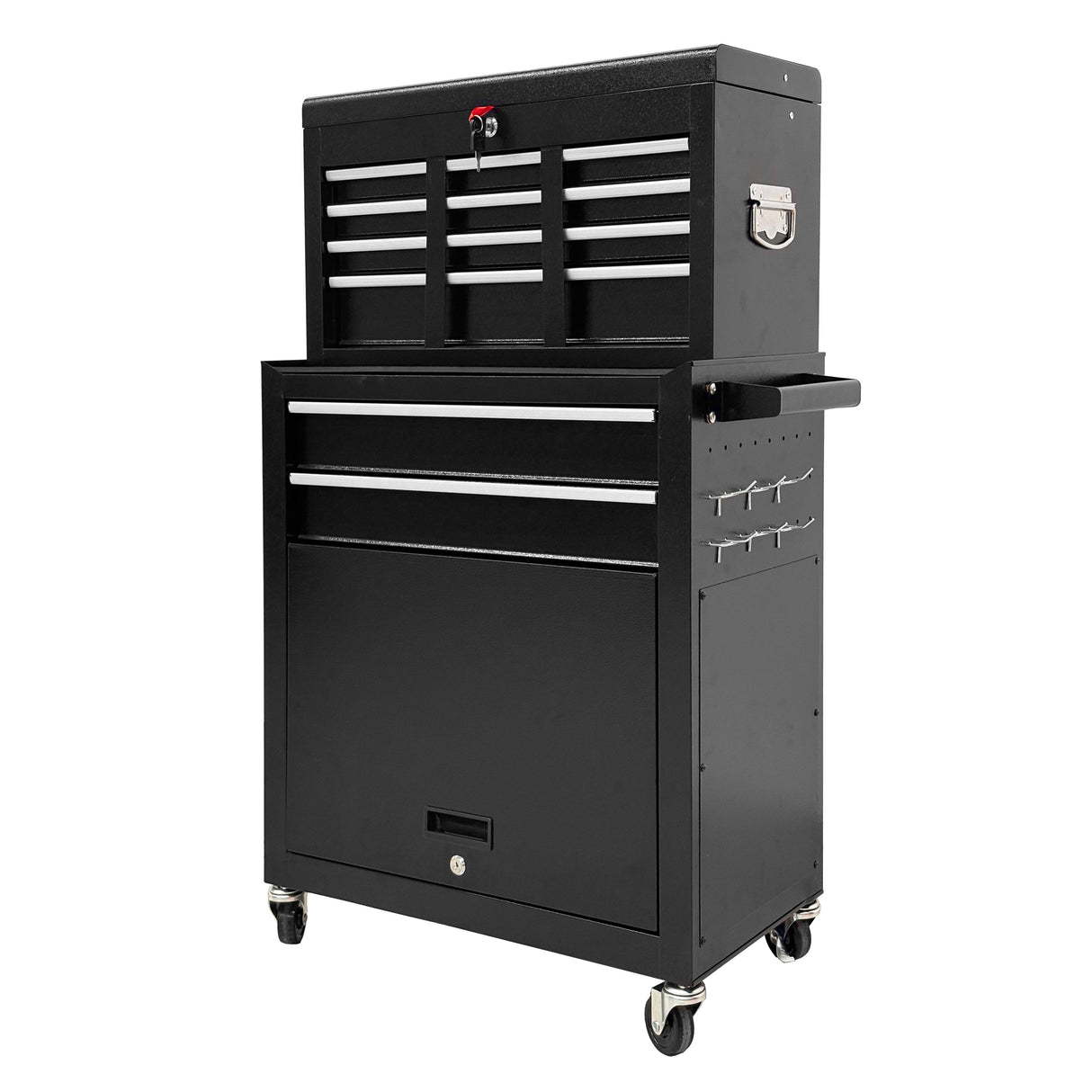 8‑Drawer High‑Capacity Rolling Tool Chest, 2‑in‑1 Detachable Top Box,Metal Tool Storage Cabinet with Drawer Liners, Lockable Wheels & Side Hooks, Heavy‑Duty Tool Cart for Garage Workshop‑Black