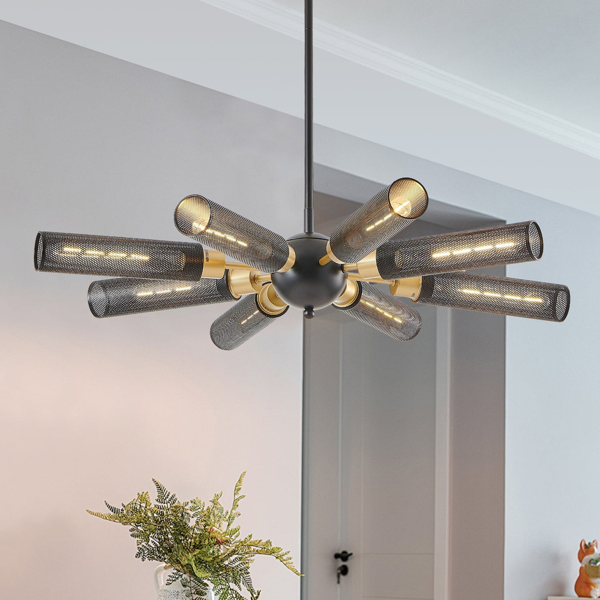 34" Modern Industrial Sputnik Chandelier 8-Light Black and Gold Metal Pendant Light