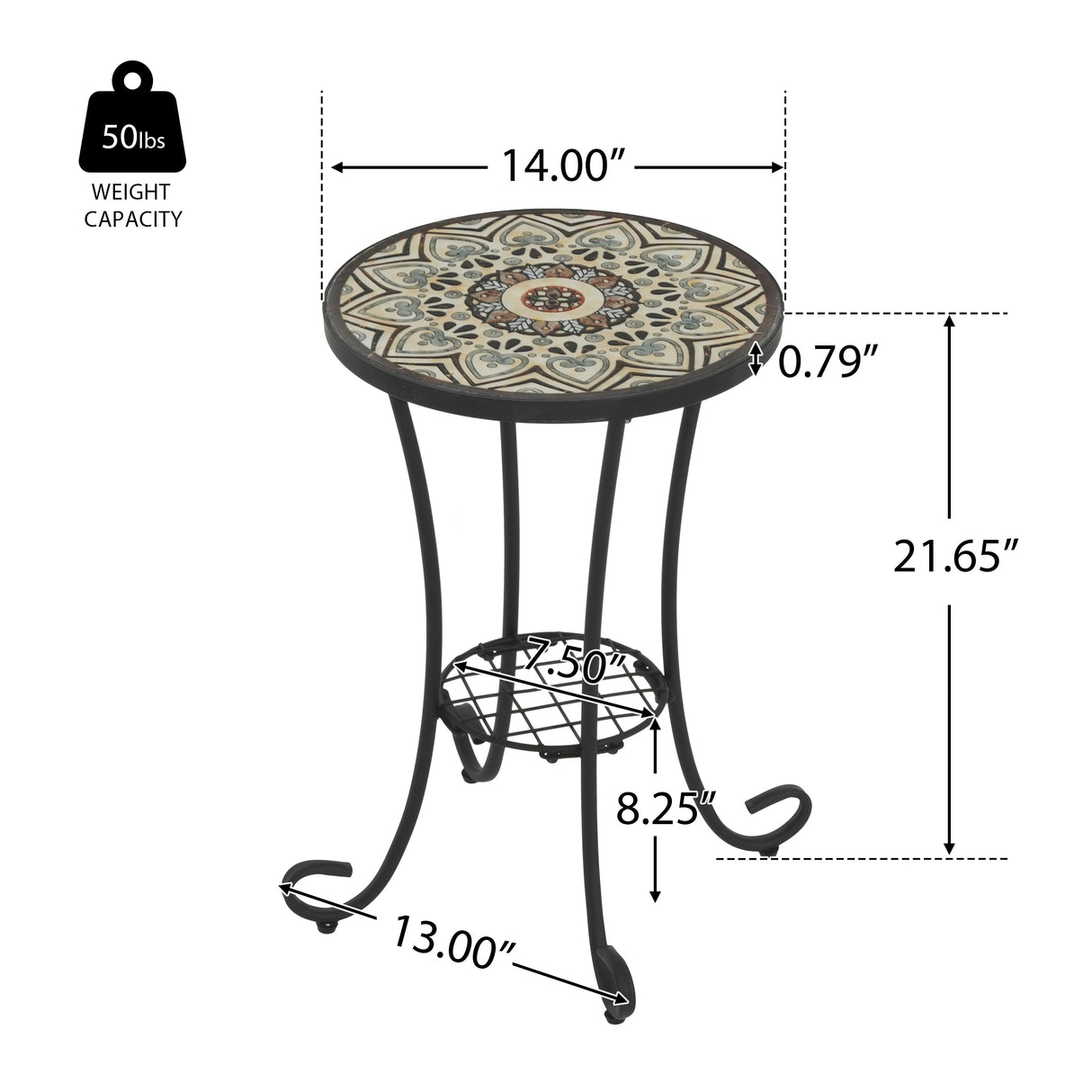 Ceramic Tile and Iron Patio Side Table with Shelf, Brown and Black