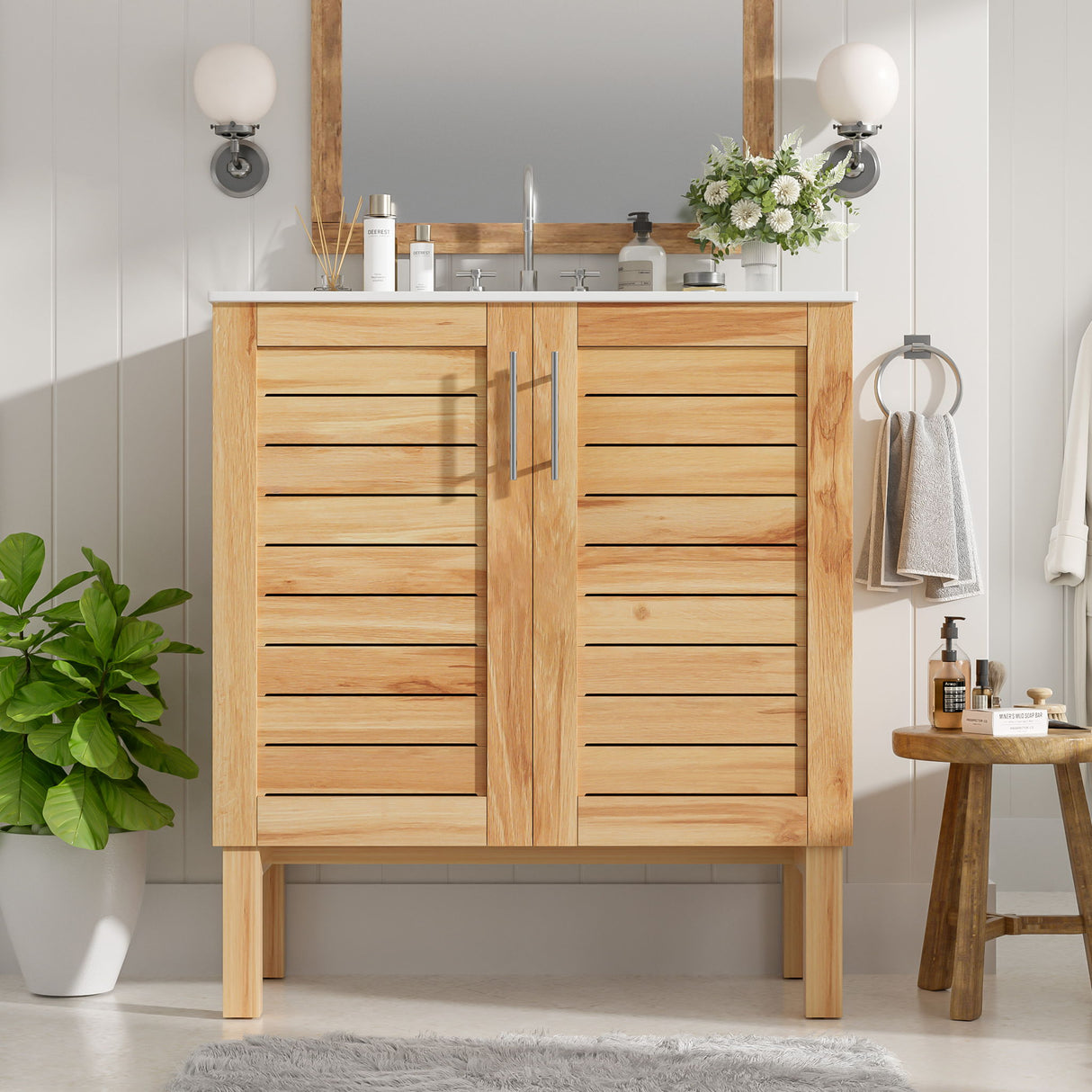 Bathroom Vanity With Ceramic Sink, Freestanding Cabinet - Antique Natural / Brown
