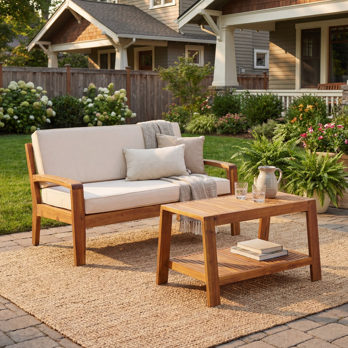 2-Piece Outdoor Teak Acacia Wood Conversation Set