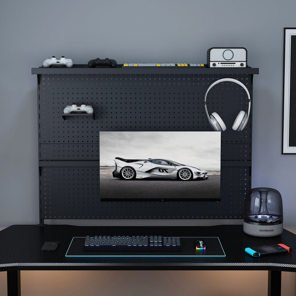 Clamp On Desk Pegboard With Single Monitor Stand