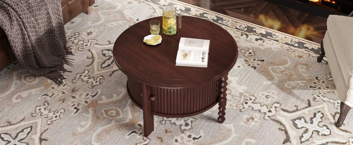 Vintage Round Coffee Table with Storage in Walnut