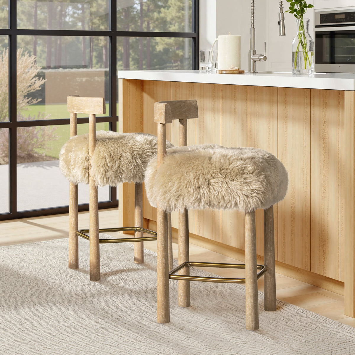 Genuine Fur Counter Height Bar Stool with Brass Footrest - Light Wood