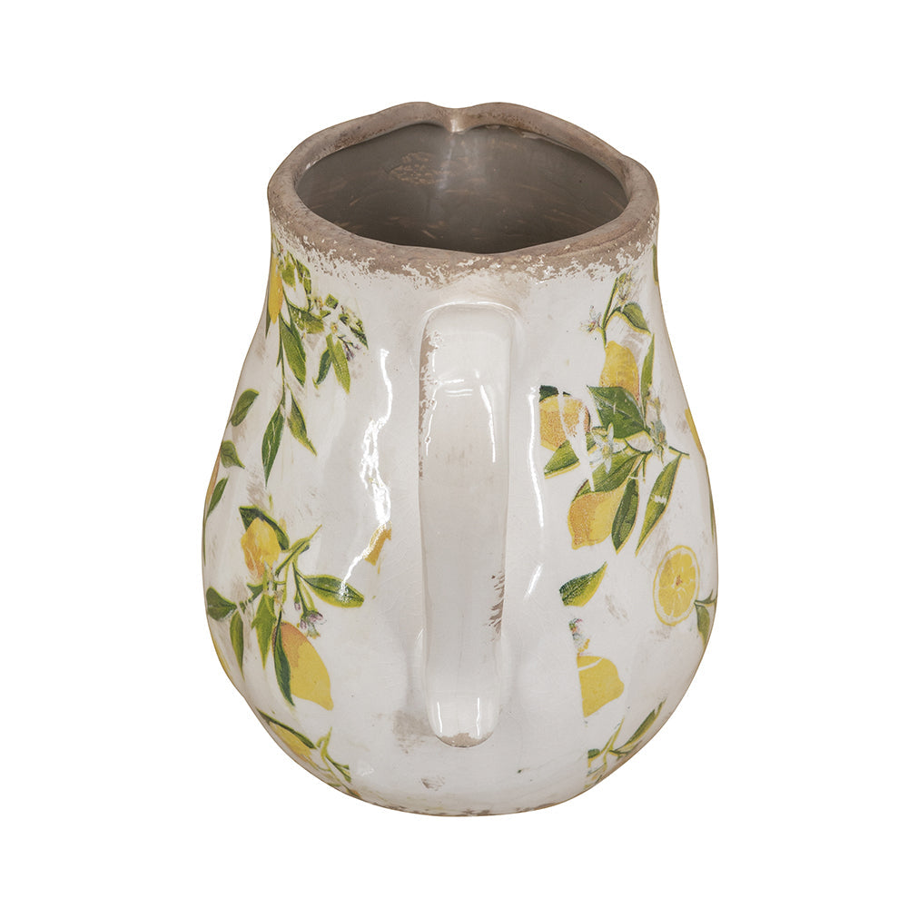 7.9x6.5x7.9" White Ceramic Pitcher Vase with Yellow Lemon Motif