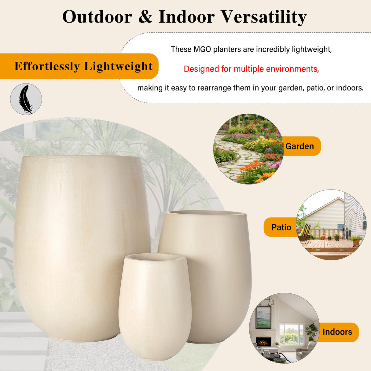 U_STYLE Lightweight Round MGO Outdoor Planter Set - 3 Sizes