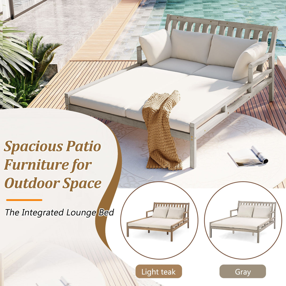Outdoor Daybed With Four Pillows (Gray+Beige Cushion)
