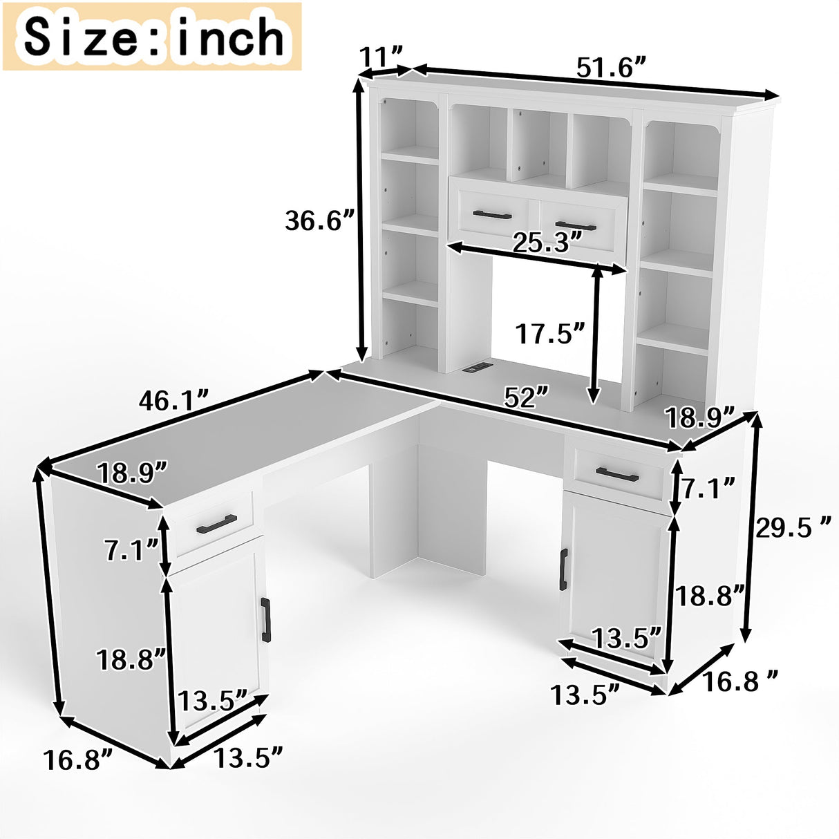 L-Shaped Computer Desk with 2 Cabinets and 2 Drawers