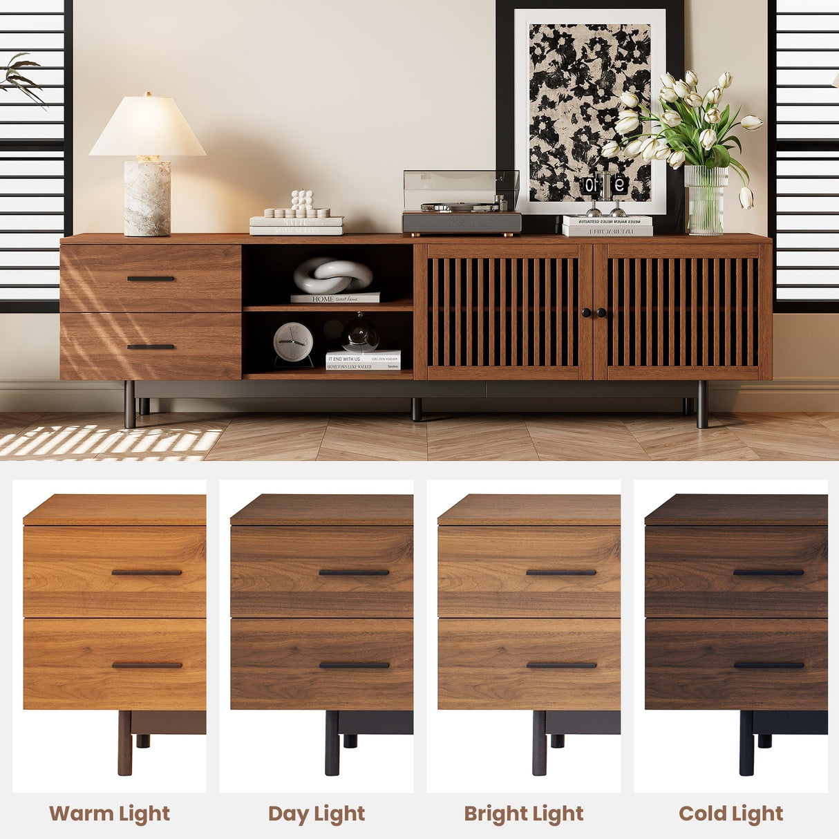 78 inch Modern TV Stand for TVs up to 85 inchesEntertainment Center with Deep Drawers & Cable ManagementSoft-Closing HingesSolid Wood Legs in Walnut Finish