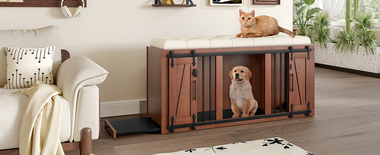 2 in 1 Dog Crate with Padded Seat Walnut 56'L Furniture Style
