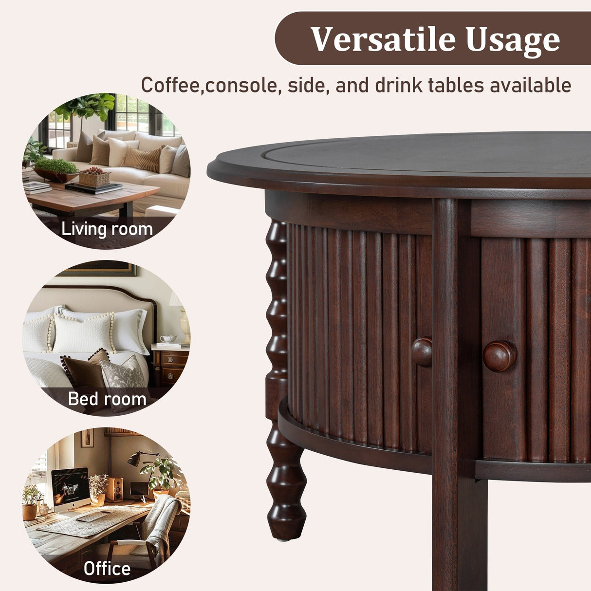 Vintage Round Coffee Table with Storage in Walnut