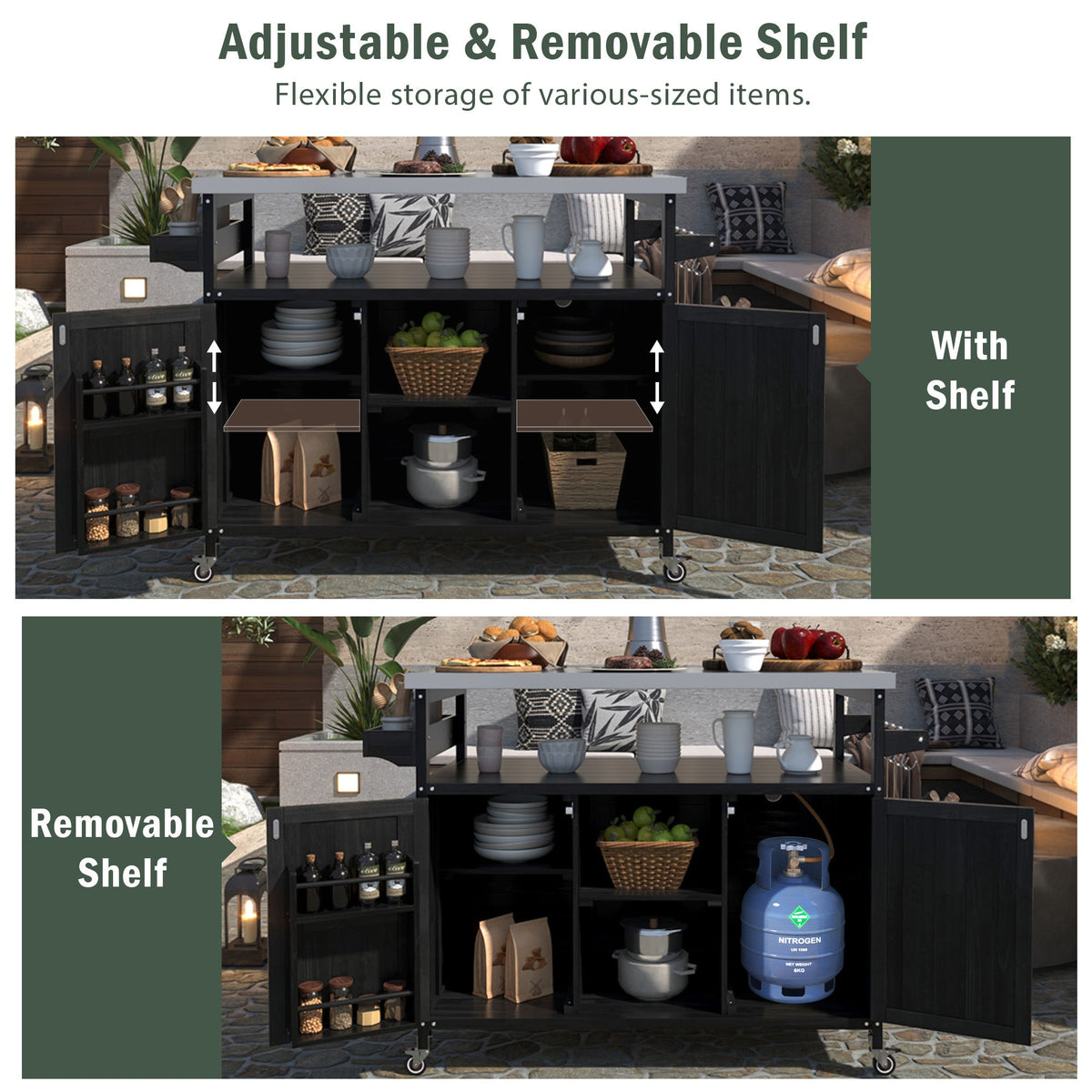 K&K Outdoor Kitchen Island with Rolling Bar Cart and Storage Cabinet
