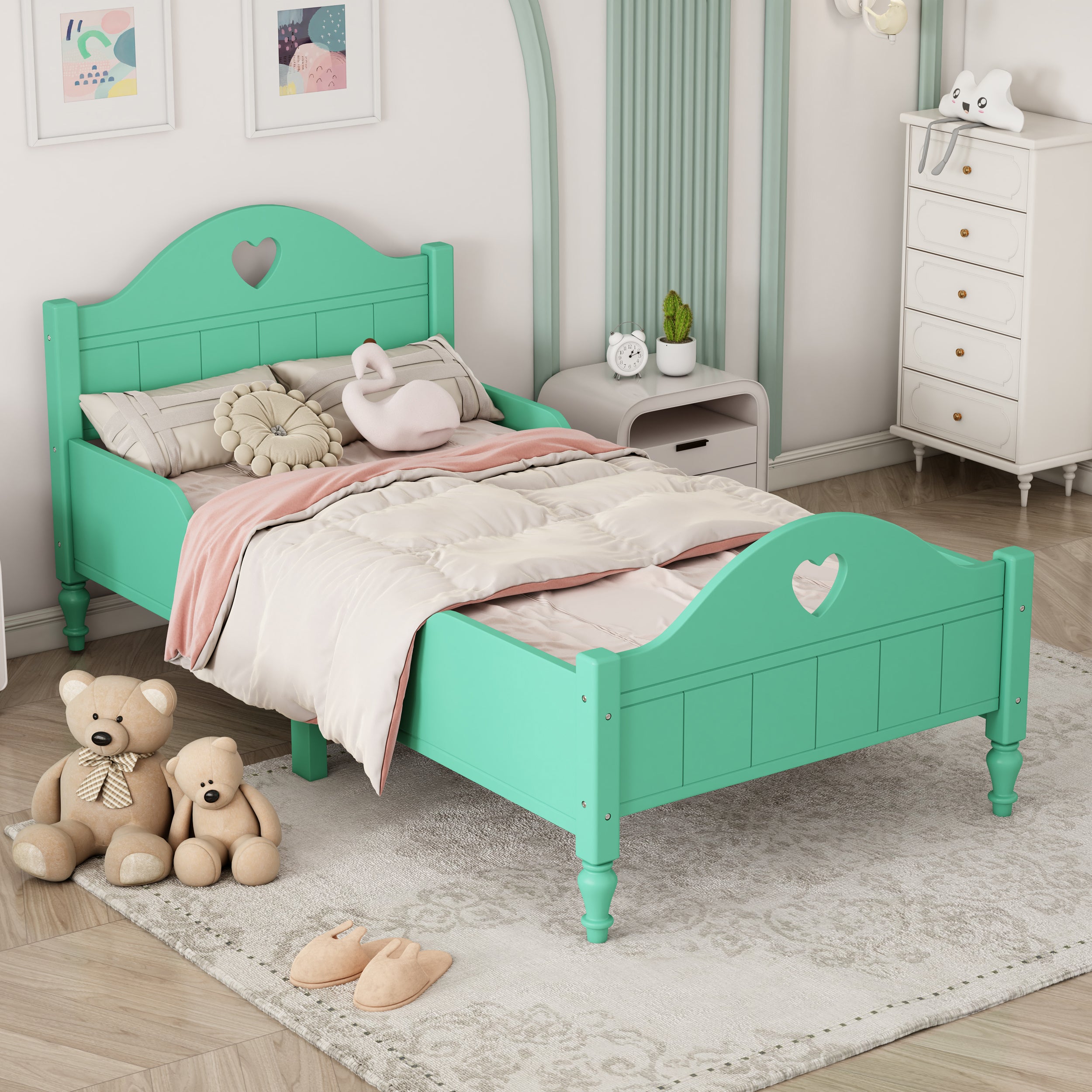 Girl's-Love-Princess-Bed-Macaron-Twin-Size-Toddler-Bed-with-Side-Safety-Rails-,-Sea-soft-Green-Kids-Beds