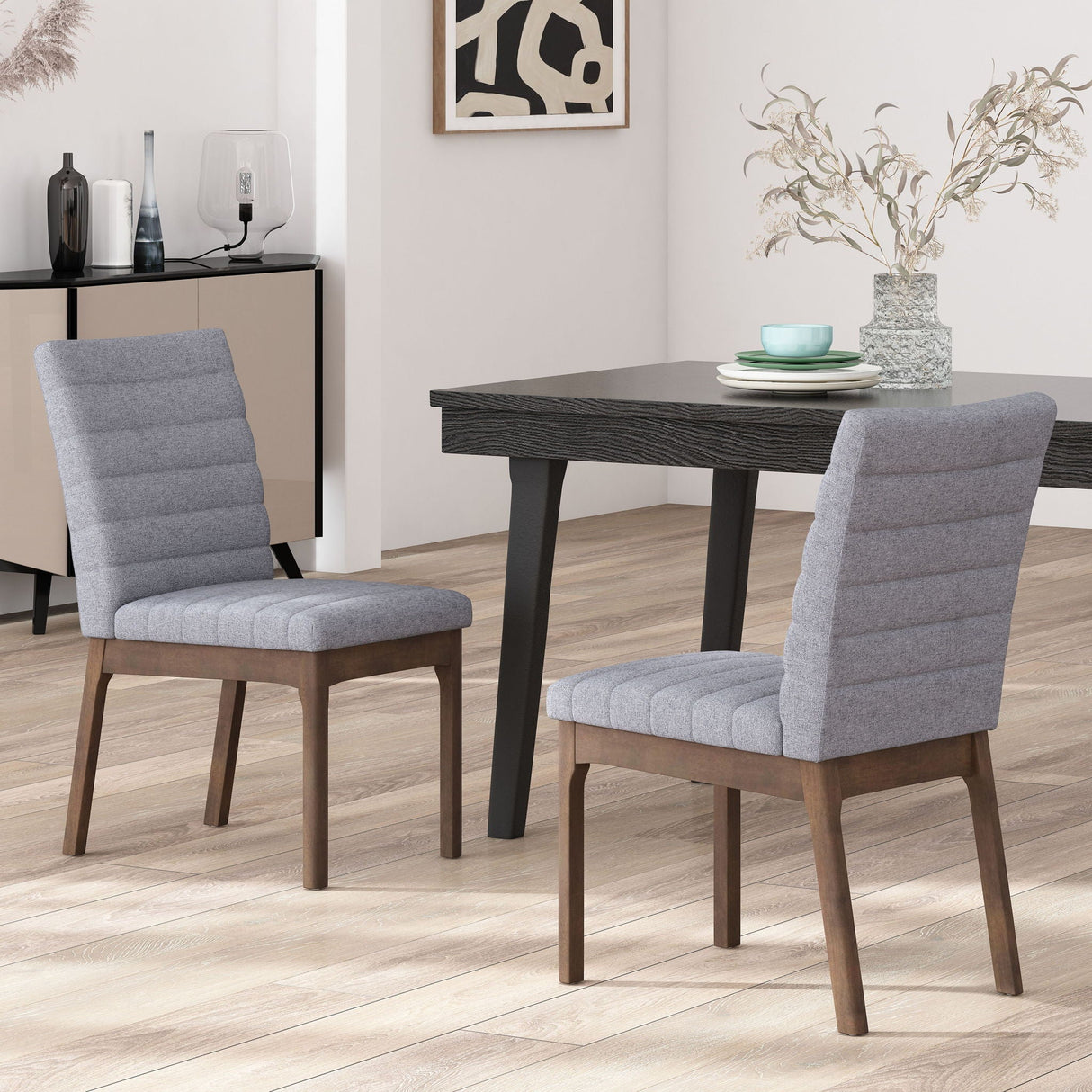 Mid Century Modern Dining Chair Set of 2 with Channel Stitching - Dark Gray