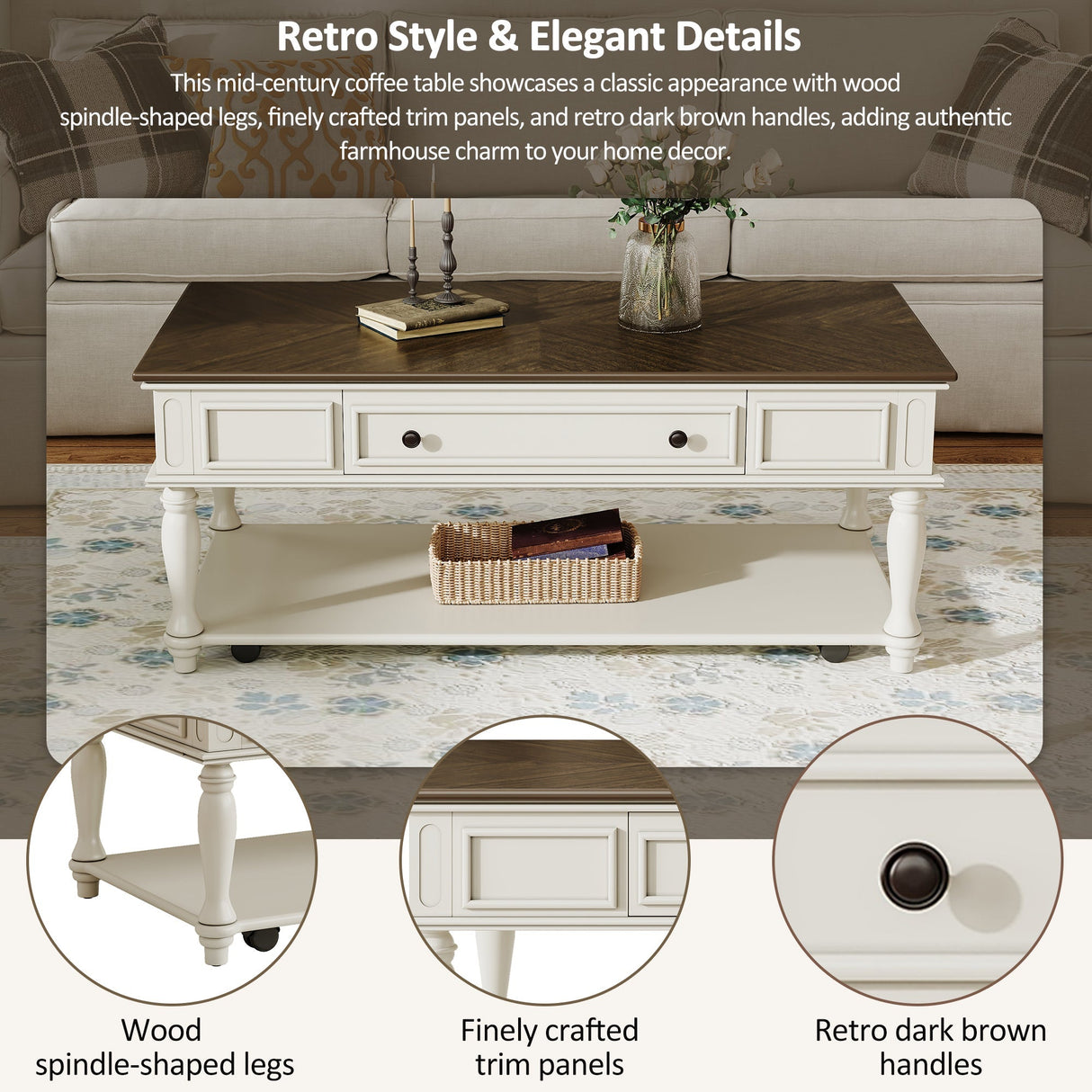 Farmhouse Coffee Table with One Drawer in Grey and White