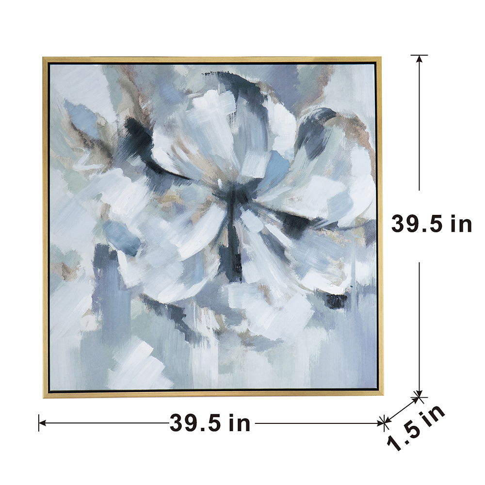 Large Modern Flower Oil Painting Square Frame Wall Art - Blue / Gray