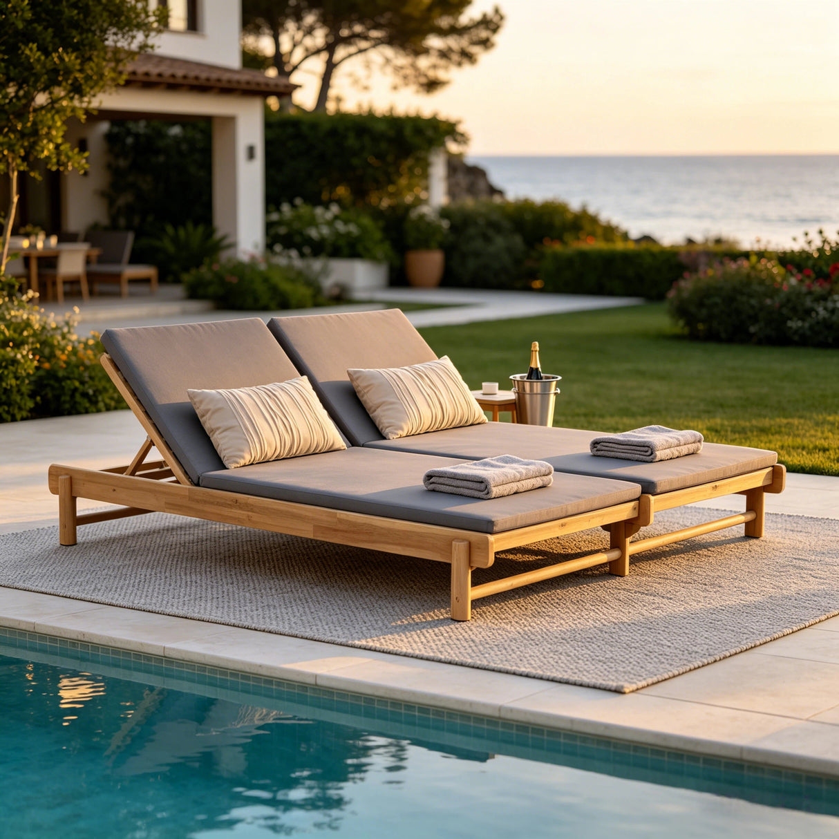 Light Teak Acacia Wood Double Chaise Lounger Set