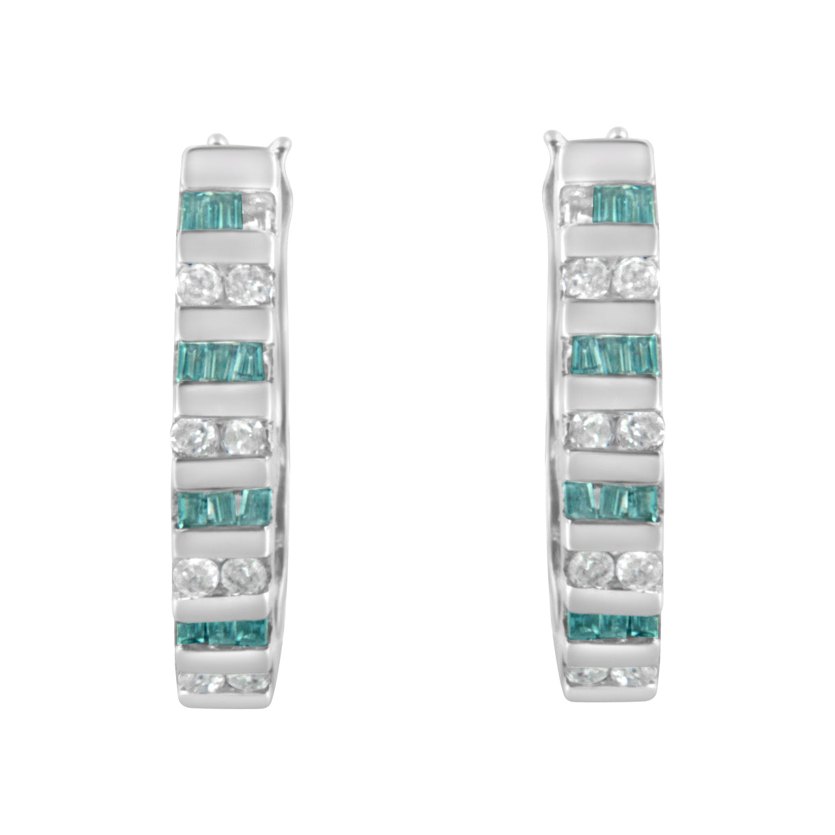 10k White Gold Round and Blue Baguette 1/2 cttw Diamond Hoop Earrings (I-J Color, I2-I3 Clarity)