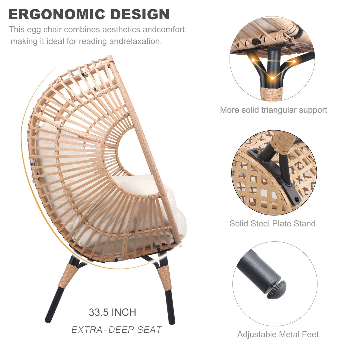 New Style PE Wicker Weaving Patio Egg Chair with Natural Color Rattan Beige Cushion