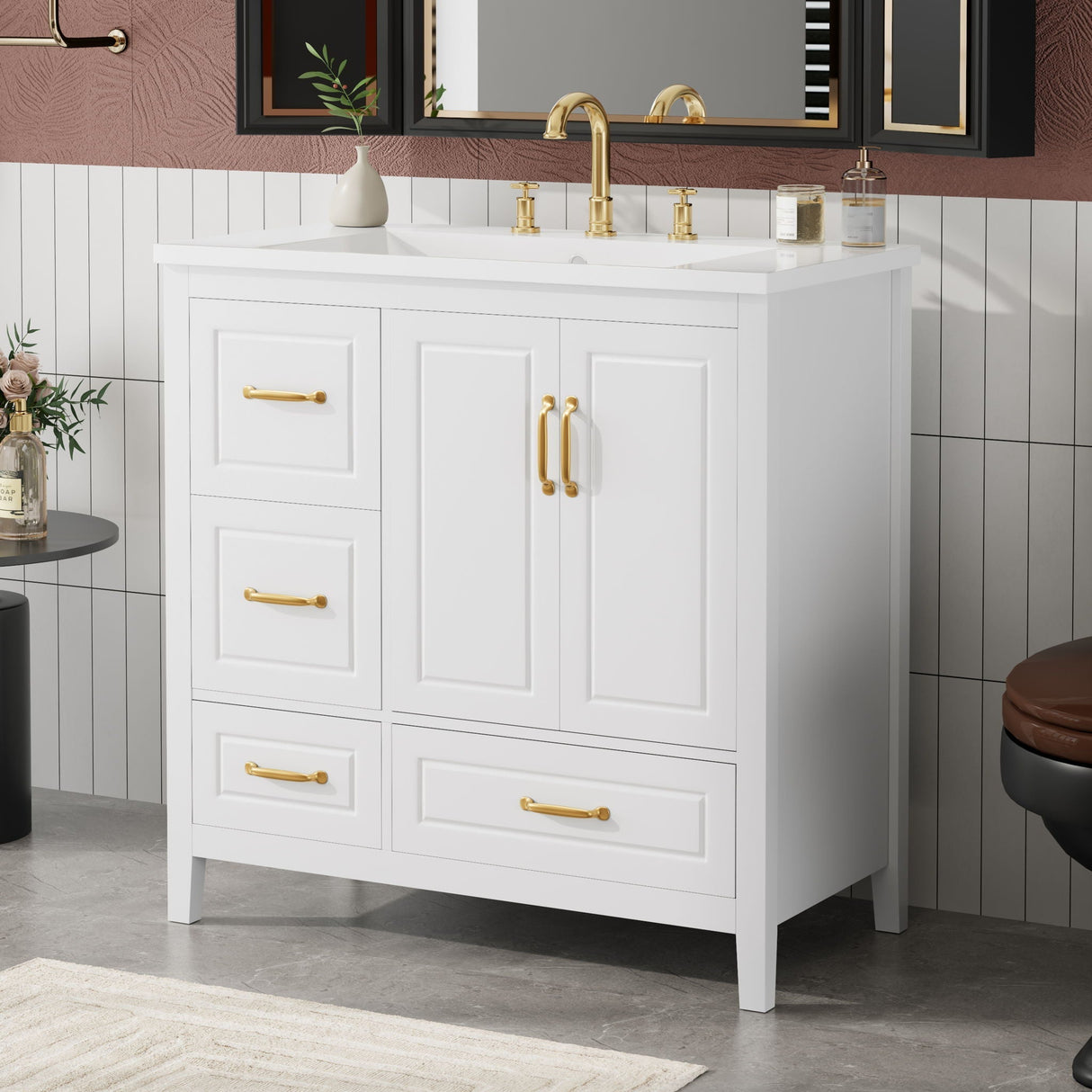 Bathroom Vanity With Sink, Soft Closing Doors & Drawers, Metal Handles