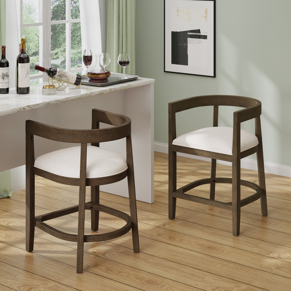 Modern Rubberwood Counter Stool Set with Upholstered Seats