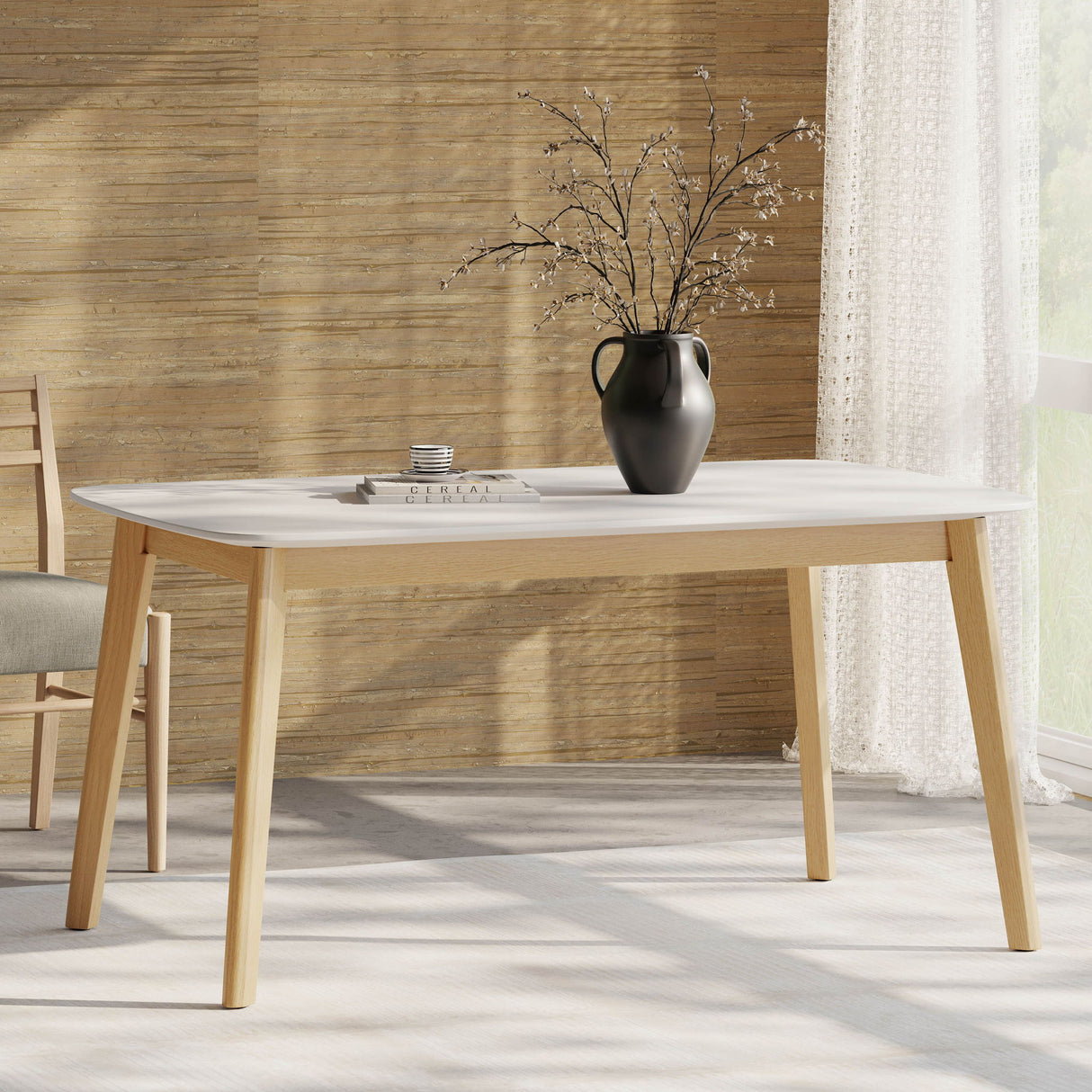 Dining Table With Splayed Rubberwood Legs & Faux Wood Tabletop, Mid Century Modern - White Oak