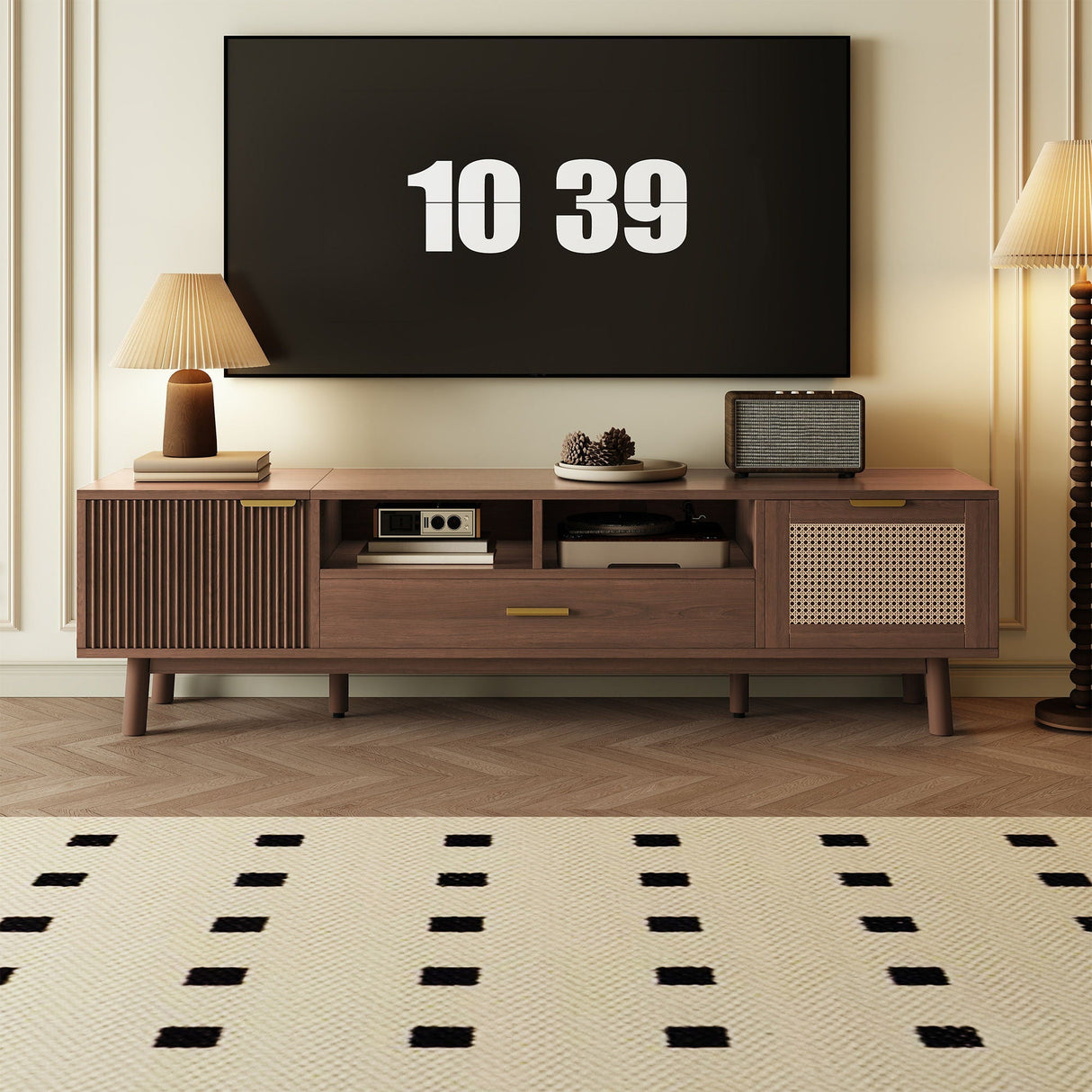 TV Stand for 75" TVs with Soft Closing Doors, Console with Accents and Drop Down Cabinet - Dark Brown