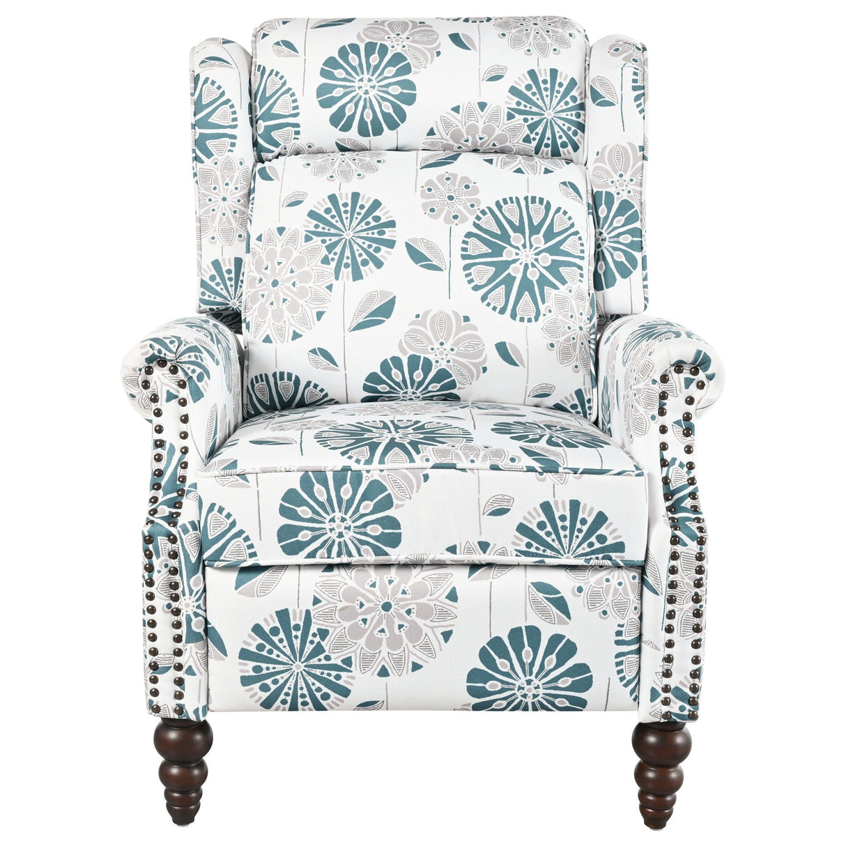Push Back Recliner Chair Upholstered With Classic Wing Back And Solid Gourd-Shaped Legs