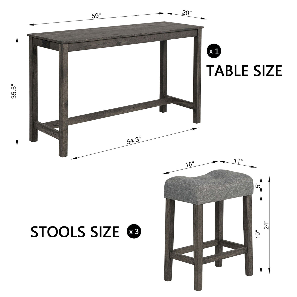 4 Piece Bar Table Set With Power Outlet, 3 Padded Stools