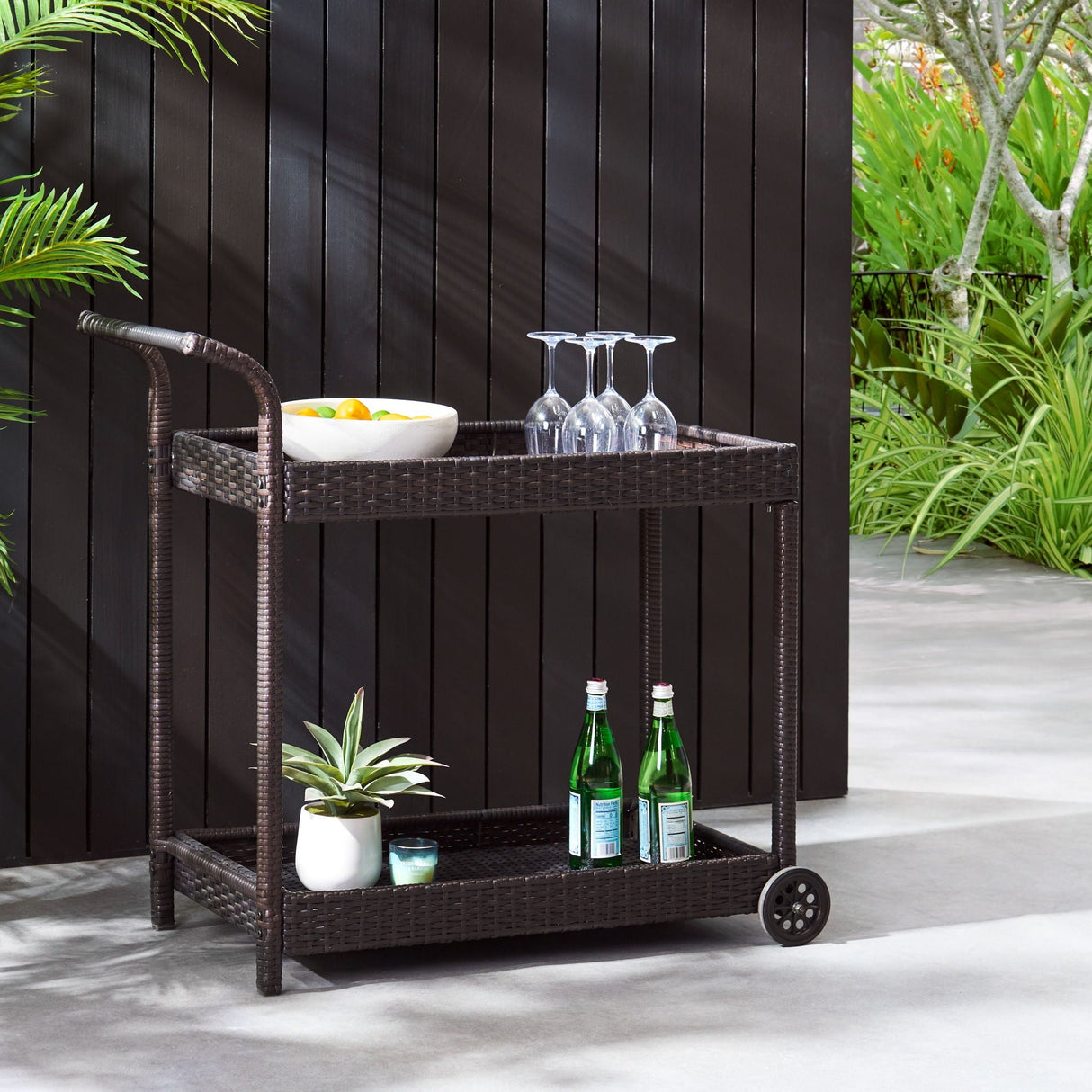 Resin Wicker Bar Cart With Metal Frame - Brown