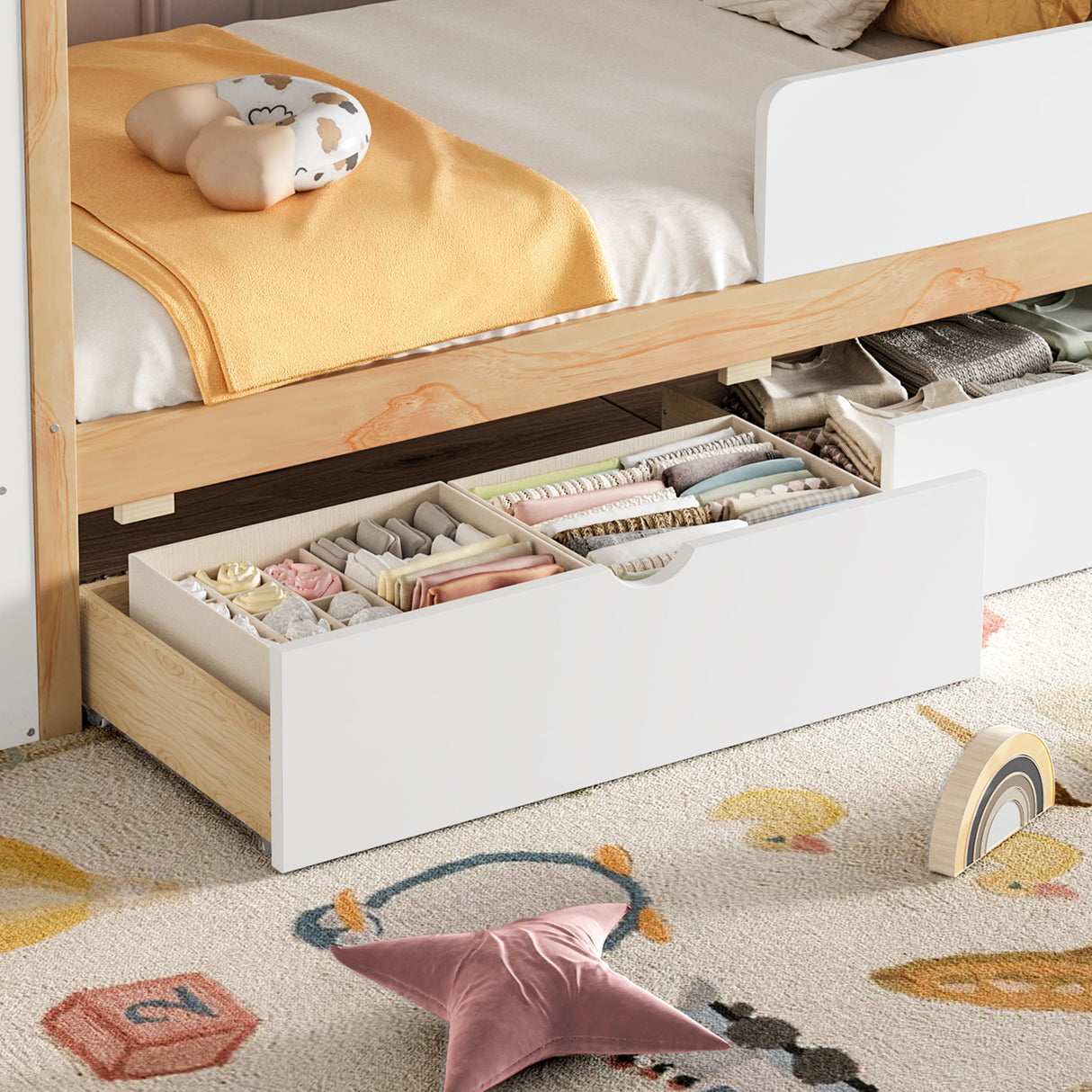 Twin Size House Platform Bed with Drawers, Solid Wood House Bed with Shelves