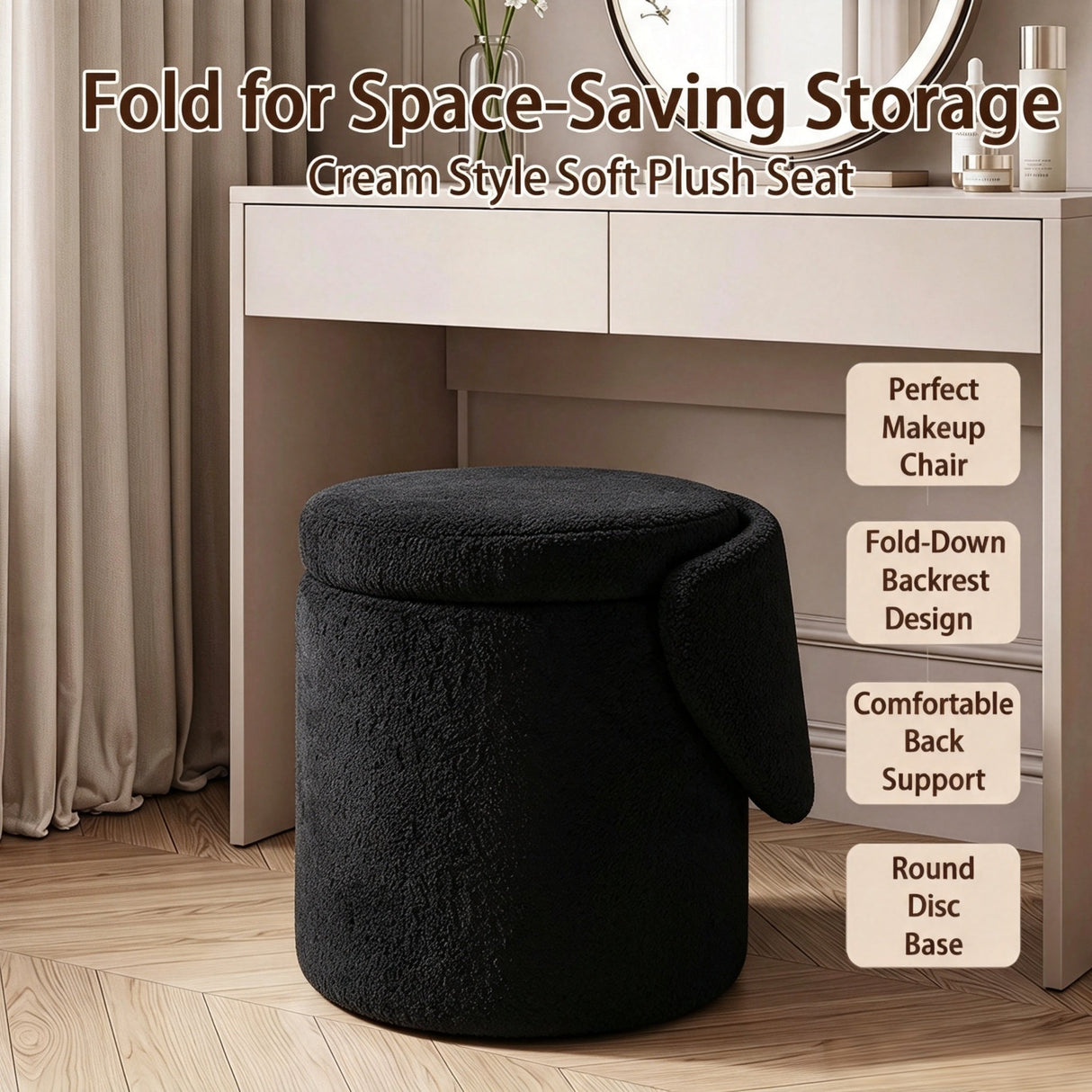 Upholstered Makeup Stool with Storage and Foldable Backrest