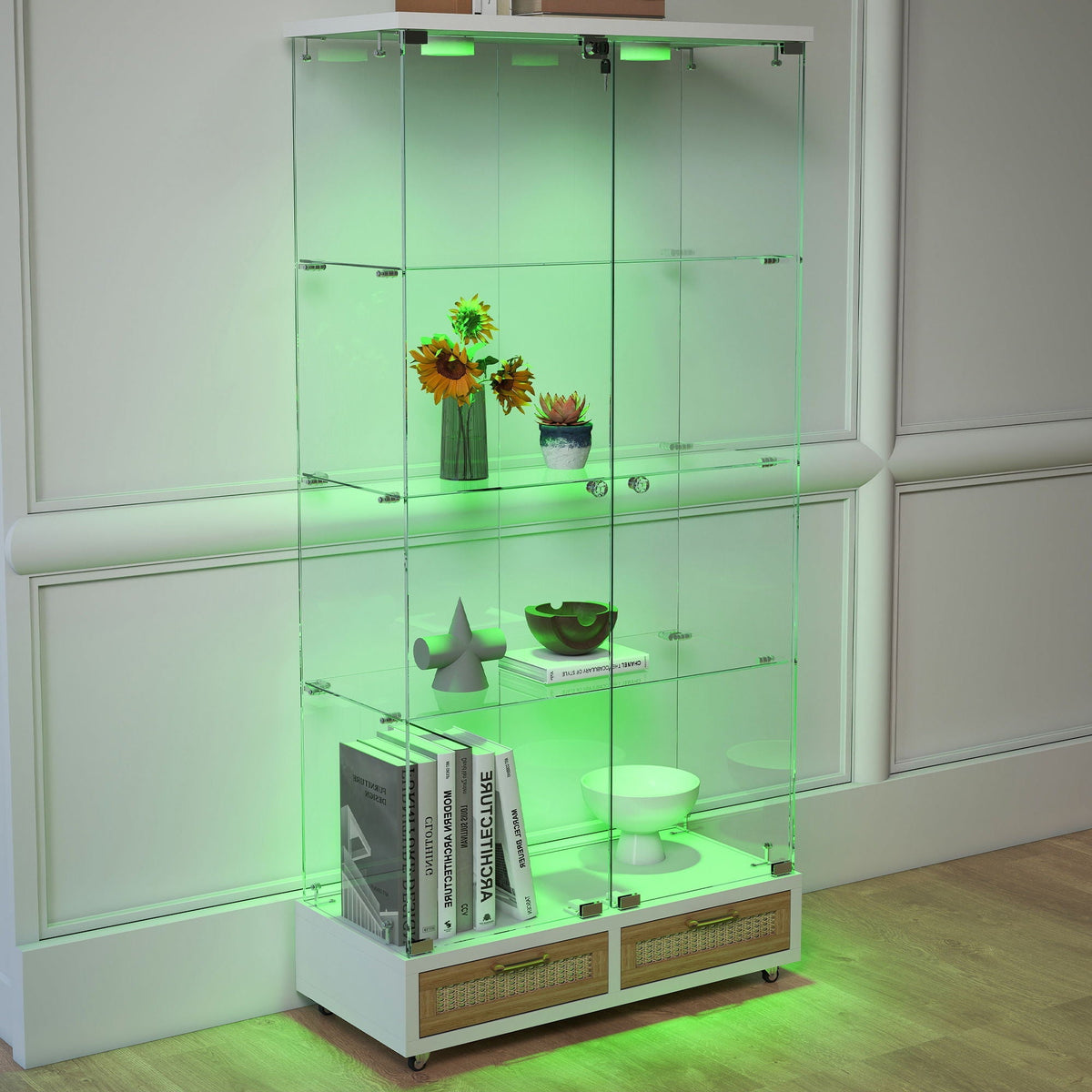 Glass Display Cabinet With LED Lights, Tempered Glass Doors, Large Drawers, 2 Door Storage Case With 4 Shelves - Natural / White