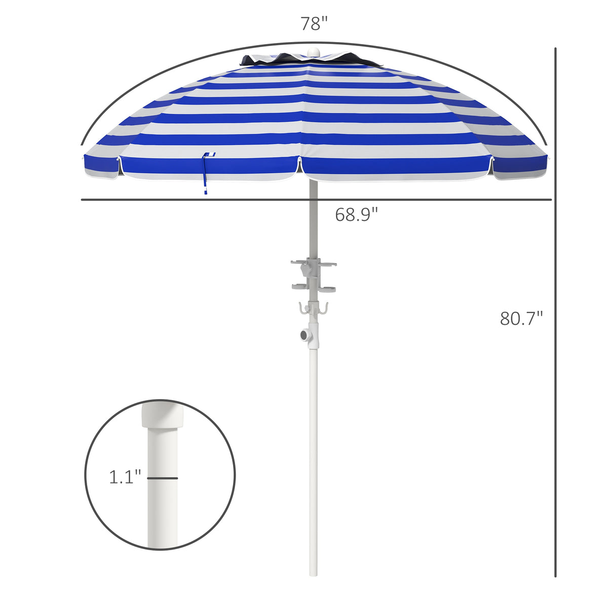 5.7' portable beach umbrella with tilt, adjustable height, 2 cup holders & hooks, uv 40+ with vented canopy, blue white stripe