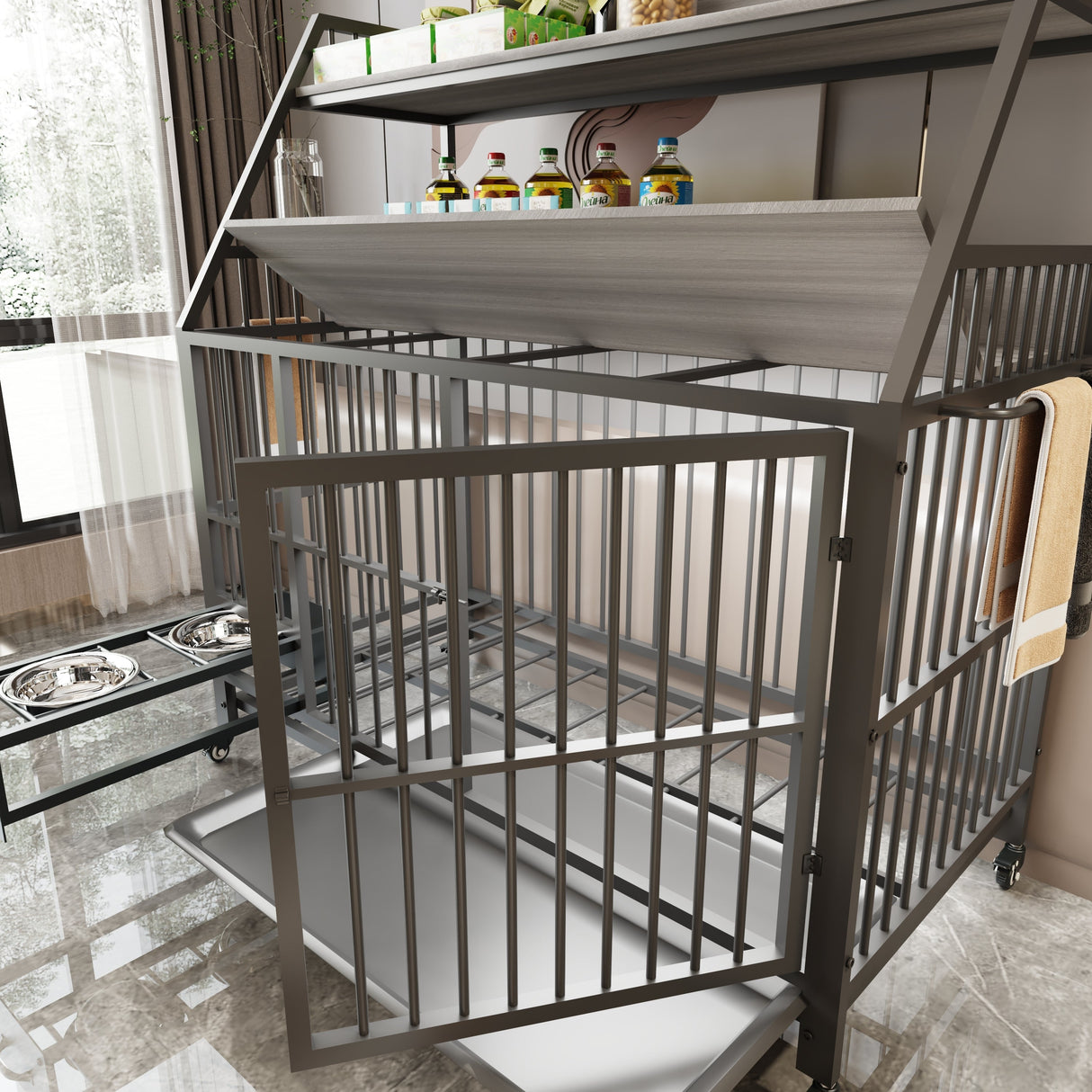 Large Pet Cage with Storage Rack and Stainless Steel Basins