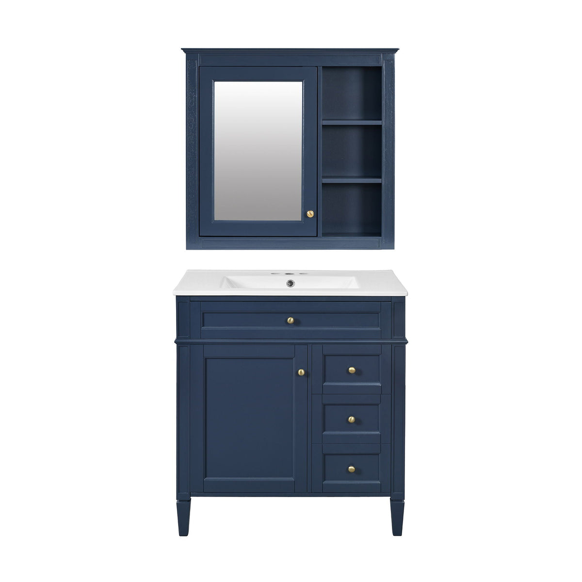 Bathroom Vanity With Top Sink, 2 Doors And 3 Drawers, Freestanding Set With Mirror Cabinet
