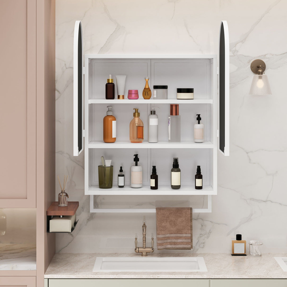 Double Arched Mirror Wall Cabinet With 2 Doors, Featuring Adjustable Shelves And Towel Rack