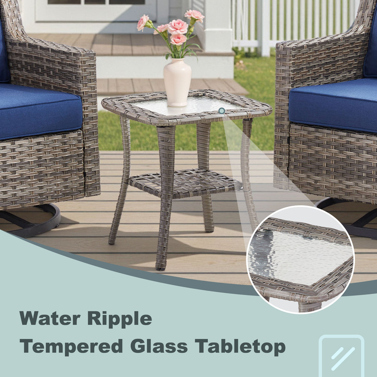Swivel Outdoor Chairs Set of 2, with Glass-Top Side Table, 3 Pieces