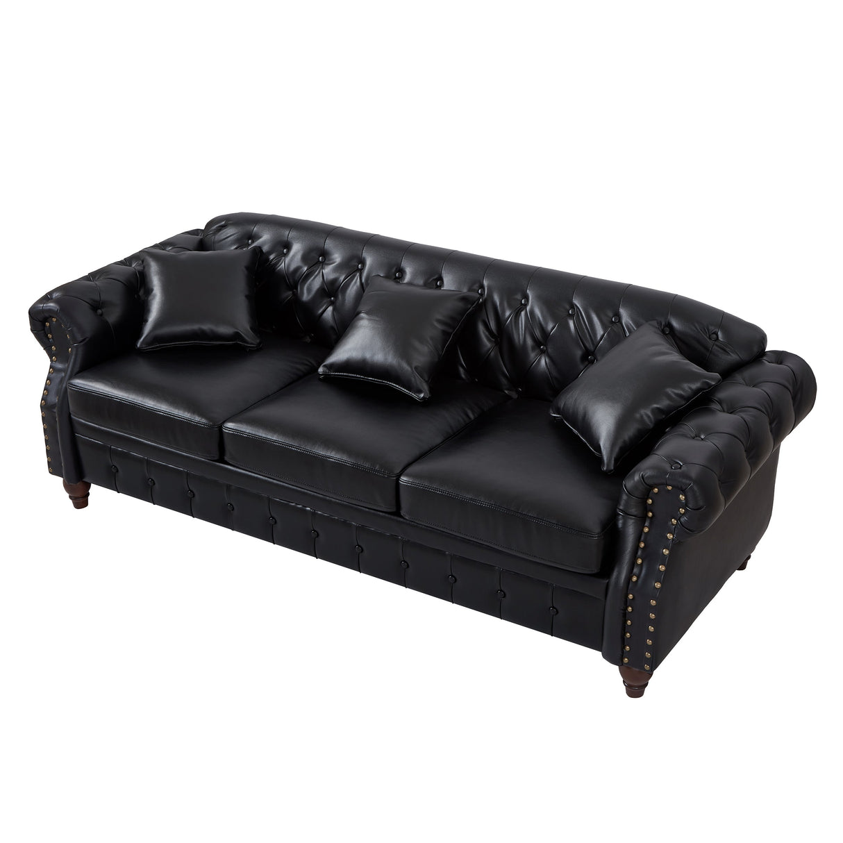 85.8' Living Room Chesterfield Sofa Classic Tufted Design Faux Leather PU Upholstered Sofa with Storage (Black)