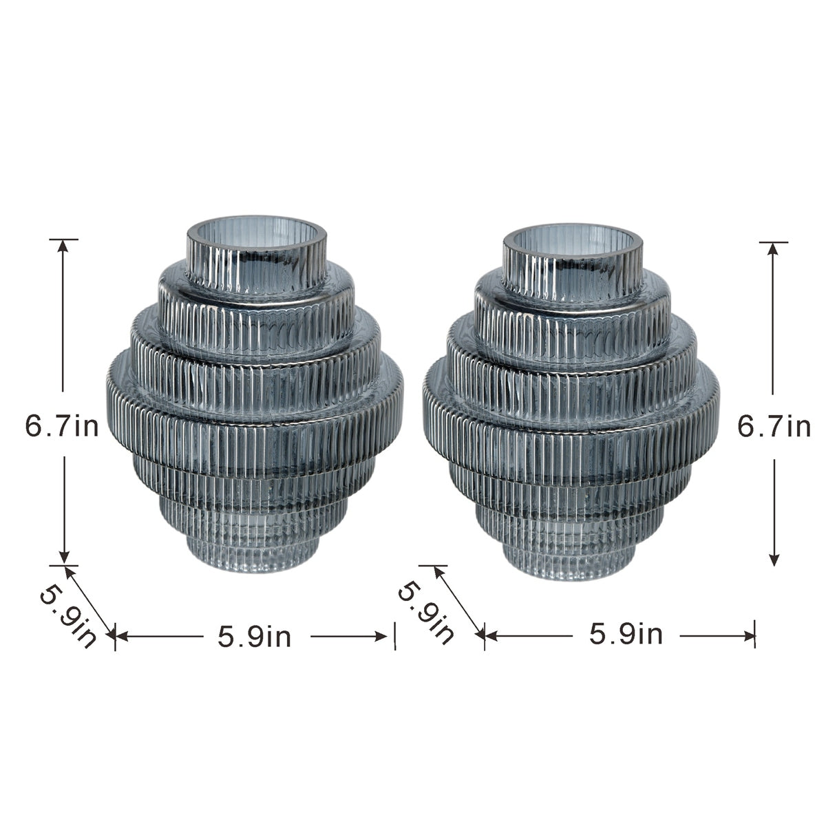 D5.9x6.7' Multi-Tiered Geometric Vase with Smoked Blue Finish, Set of 2