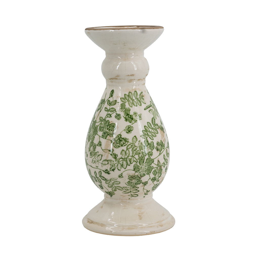 D4.7x10' White Ceramic Candle Holder with Green Floral Patterns, Small